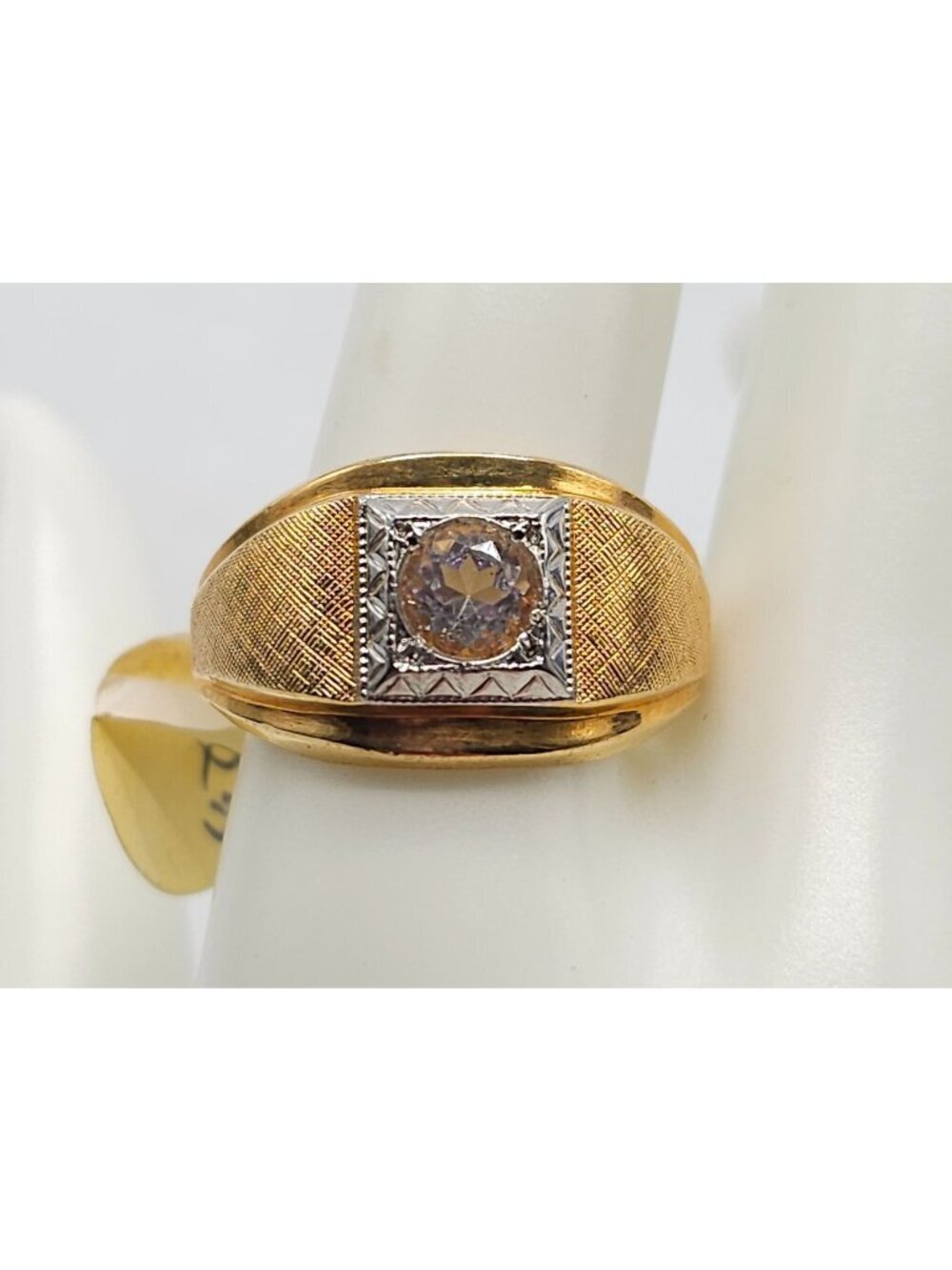 18K HGE Gold-Plated Ring With Clear Stone Textured Band Size 11.5 Vintage Mens